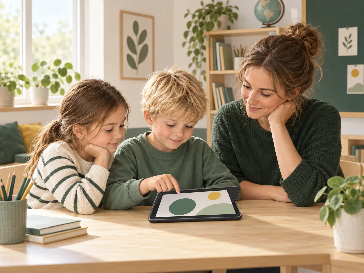 Lærer og elever arbejder sammen med en tablet