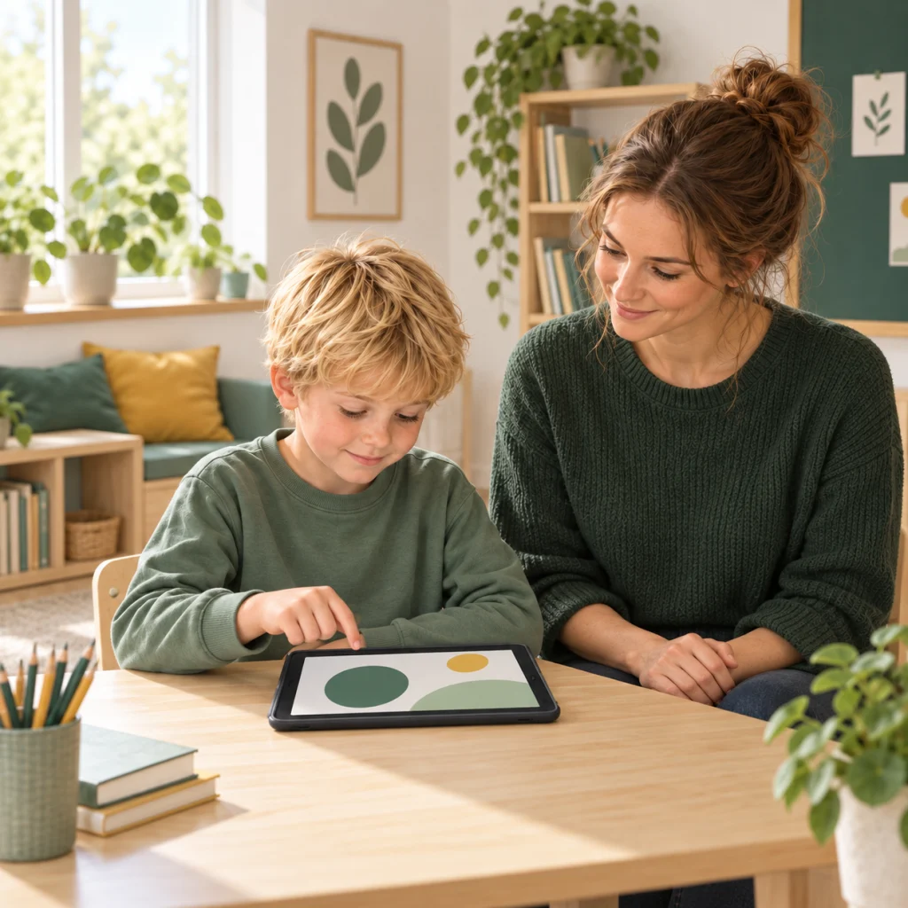 Elev prøver selv en øvelse på en tablet, mens læreren følger roligt med